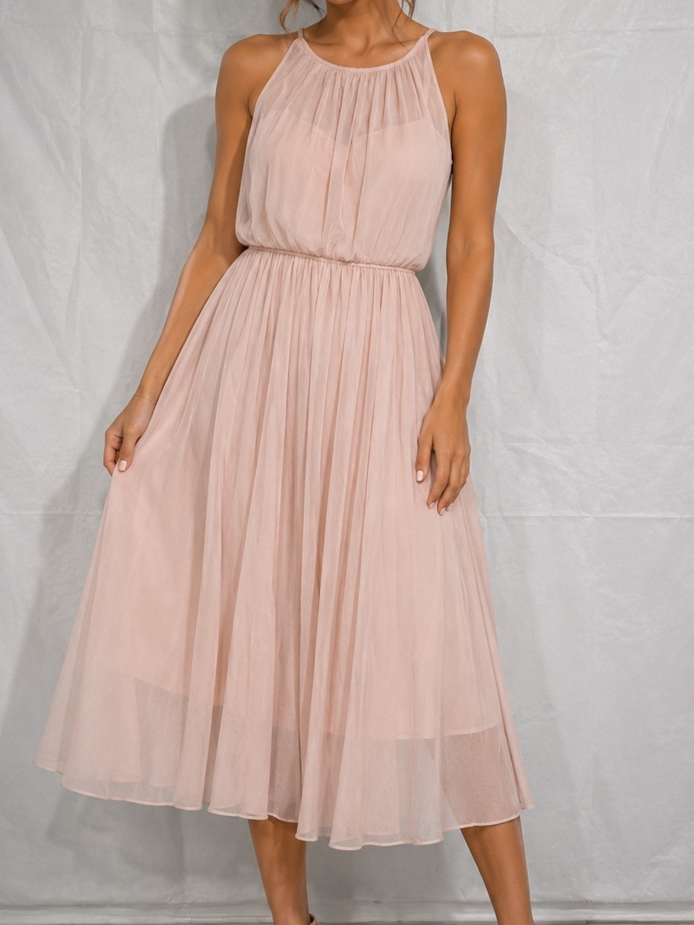 Adrianna Papell Blush Pleated Halter Midi Dress